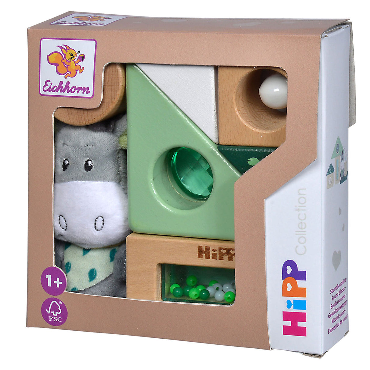 Eichhorn baby hipp blocs sonores en bois avec peluche âne