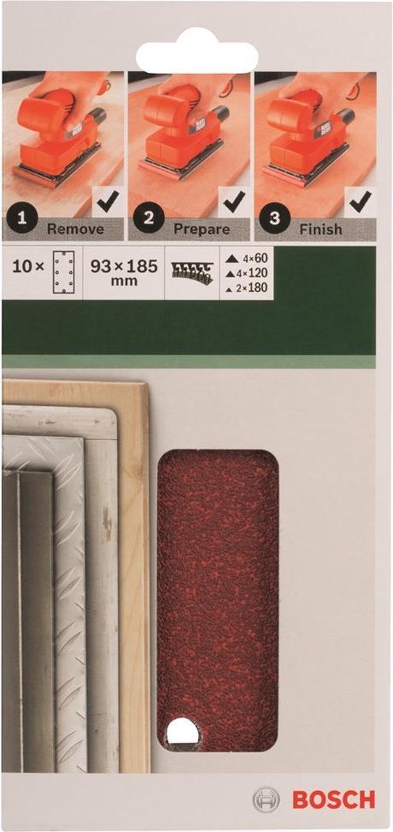 Jeu de 10 feuilles abrasives Bosch pour ponceuses orbitales 93 x 185 mm - grain 60 ; 120 ; 180