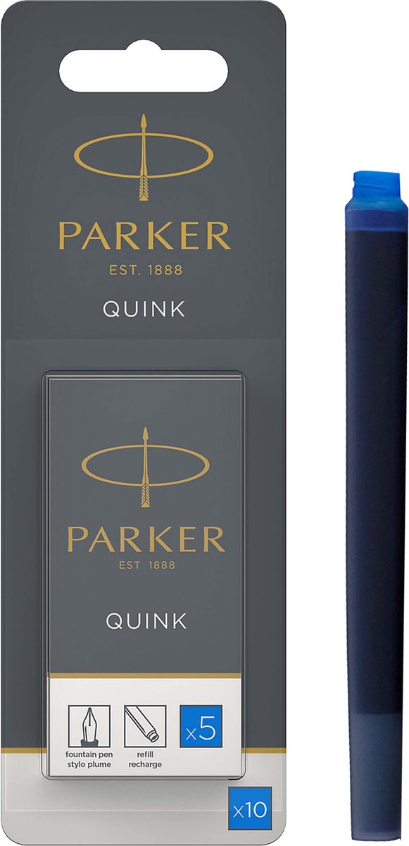 Cartouches d'encre longues pour stylo plume Parker - encre Quink bleue - lavables - 10 pièces