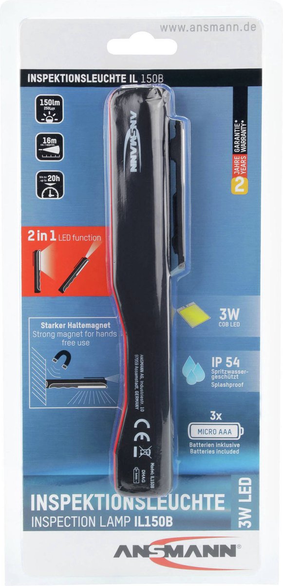 Ansmann 1600-0211 il150b lampe-stylo à piles LED 185 mm rouge, noir