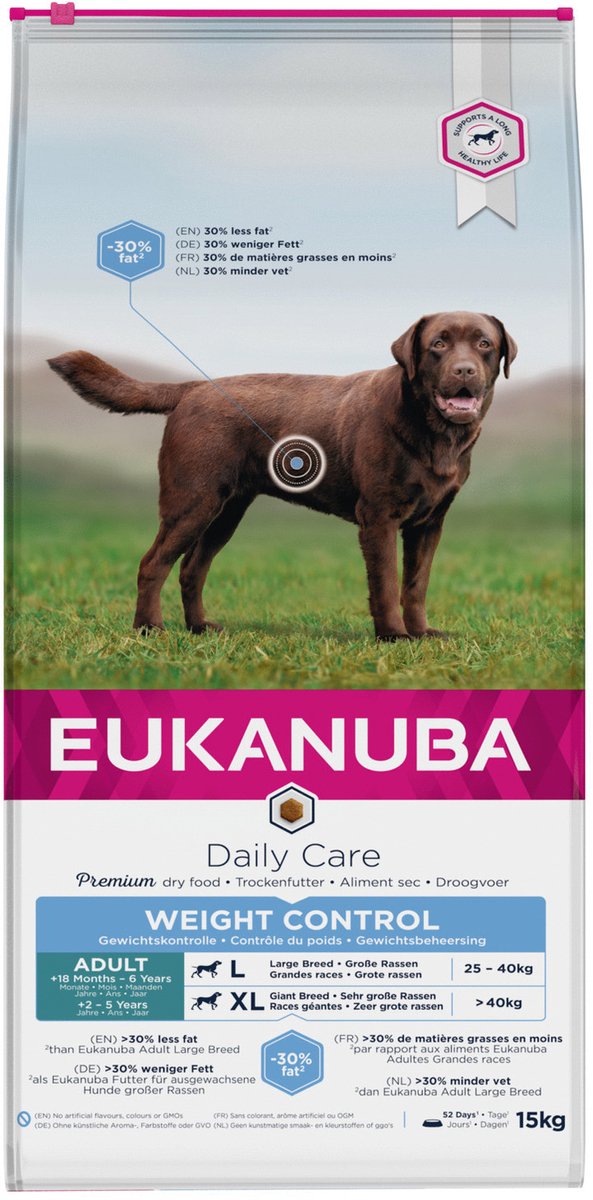 Eukanuba chien adulte grande race - contrôle du poids - poulet - 15 kg