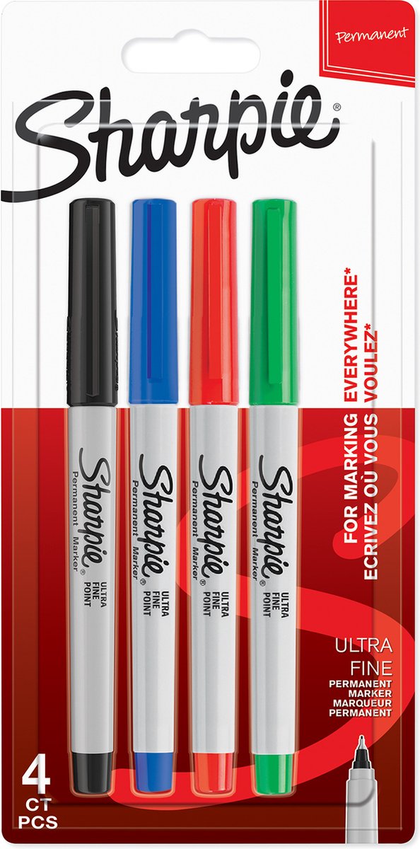 Marqueurs permanents Sharpie | pointe ultrafine | encre noire, bleue, rouge et verte | 4 pièces