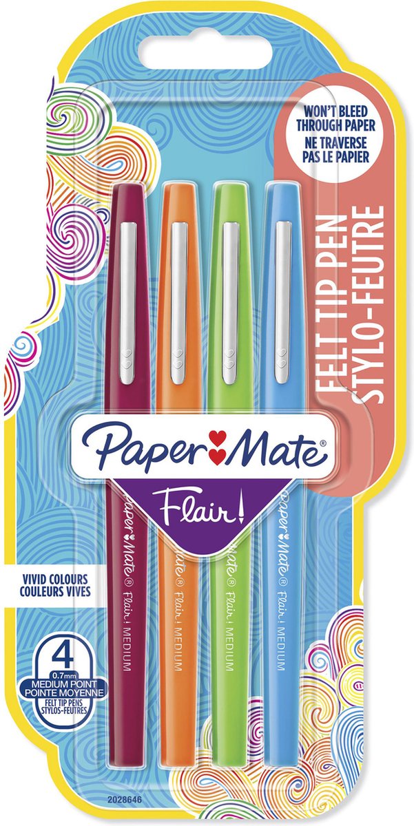 Feutres Paper Mate Flair | pointe moyenne (0,7 mm) | différentes couleurs | 4 pièces