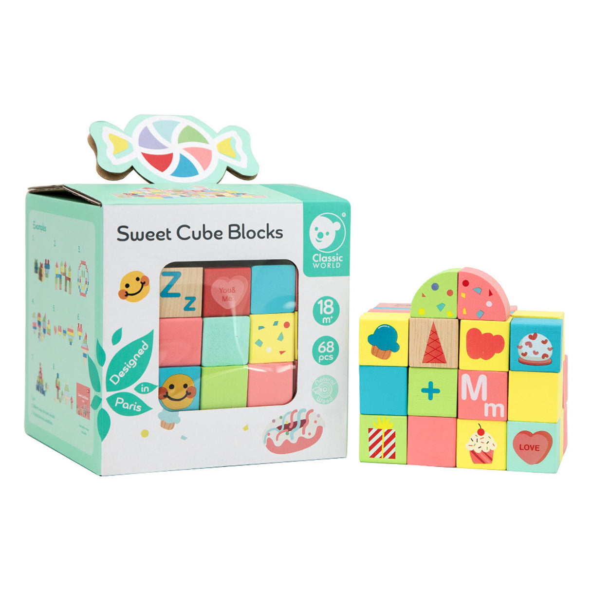 Blocs de construction de cubes sucrés en bois du monde classique