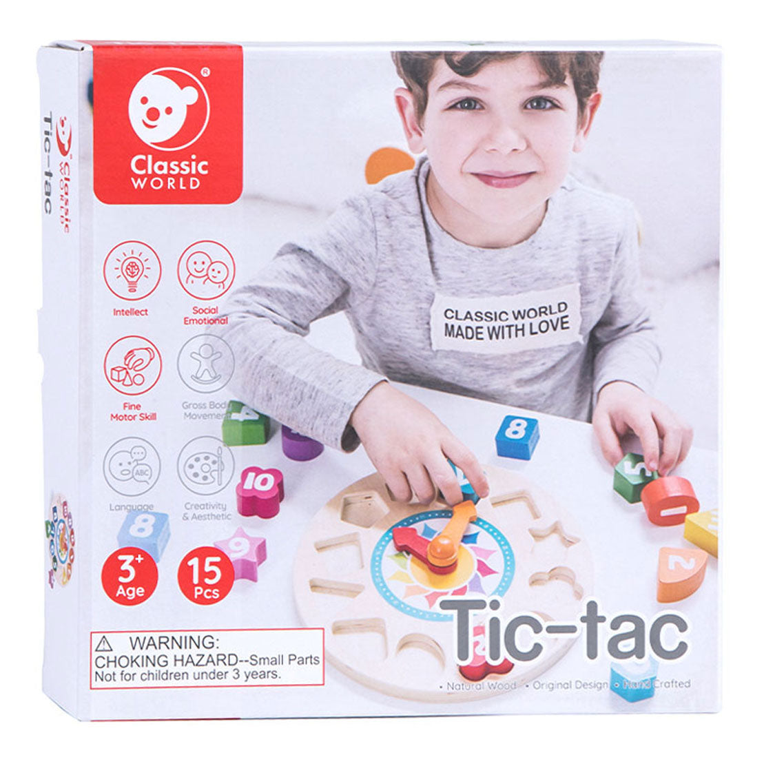 Horloge d'apprentissage en bois du monde classique avec formes tic-tac, 15 pcs.