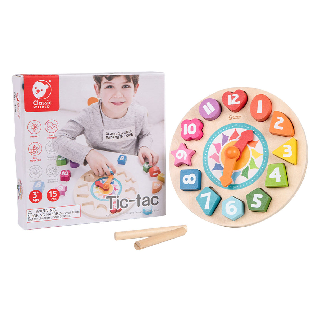 Horloge d'apprentissage en bois du monde classique avec formes tic-tac, 15 pcs.