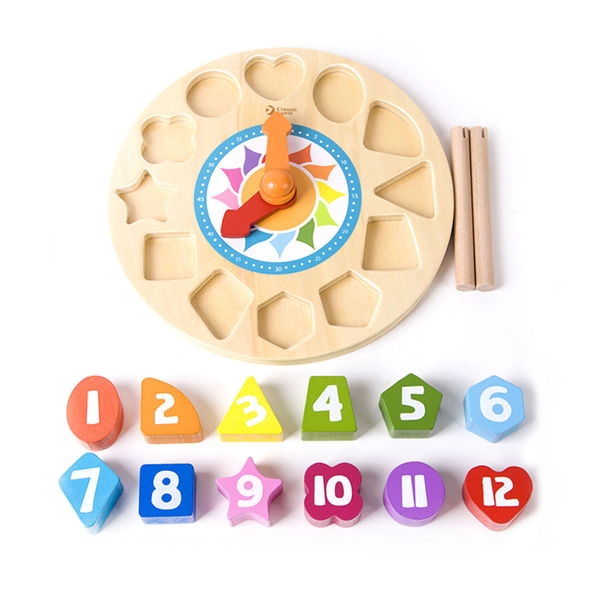 Horloge d'apprentissage en bois du monde classique avec formes tic-tac, 15 pcs.