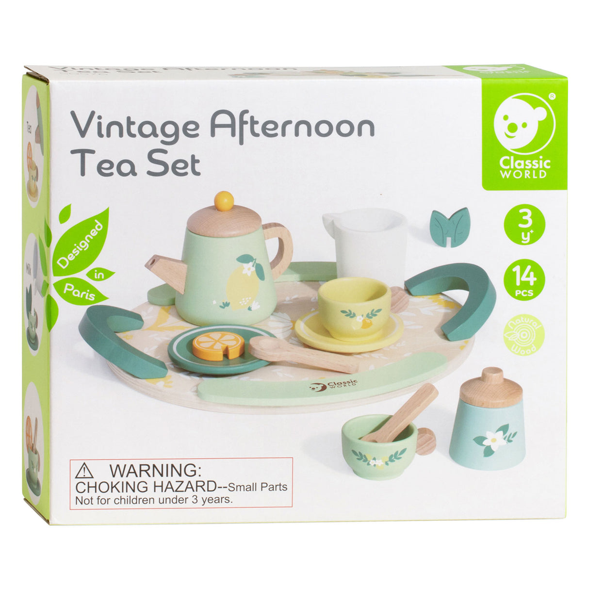 Service à thé vintage en bois du monde classique avec plateau, 14 pièces.