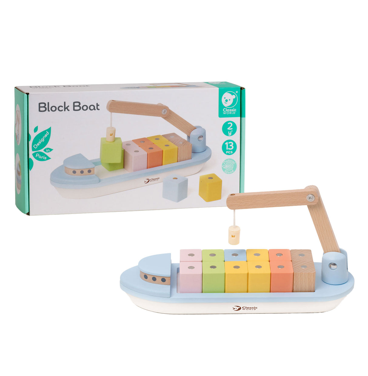 Bateau en bloc de bois Classic World World avec grue, 13 pcs.