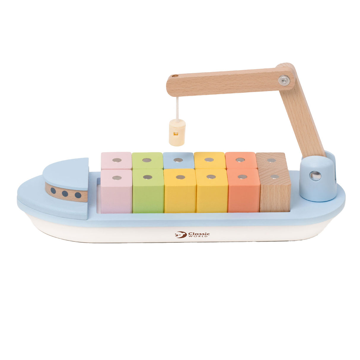 Bateau en bloc de bois Classic World World avec grue, 13 pcs.