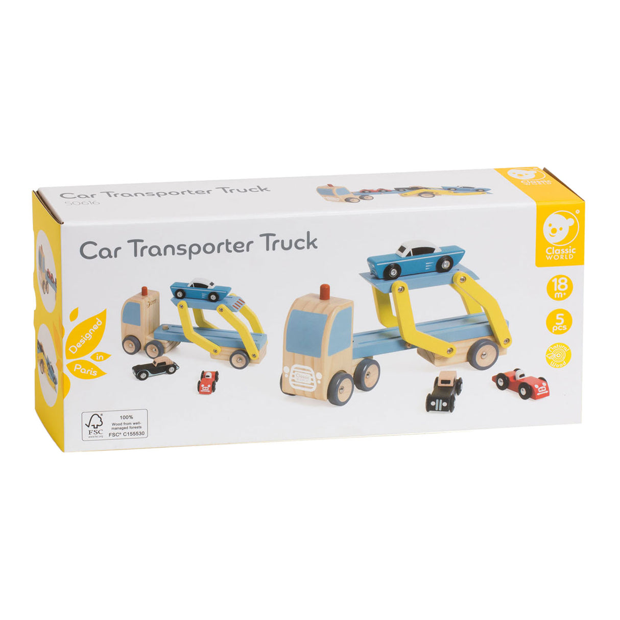 Transporteur en bois du monde classique avec 3 voitures