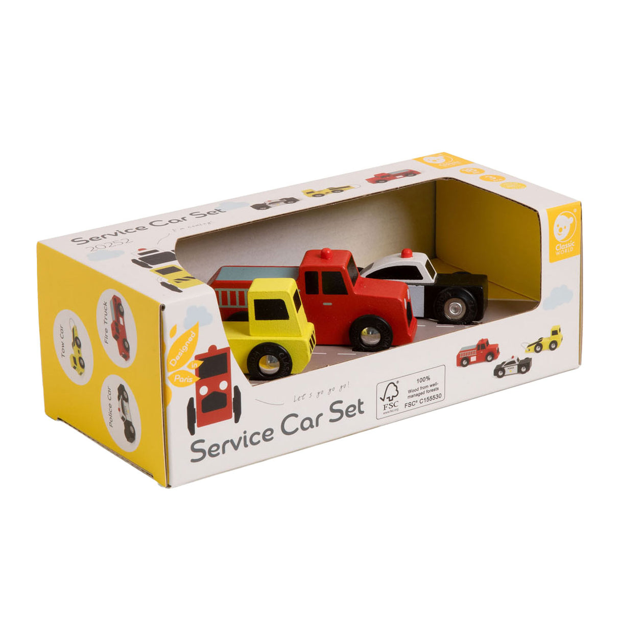 Ensemble de voitures de service d'urgence en bois du monde classique, 3 pcs.