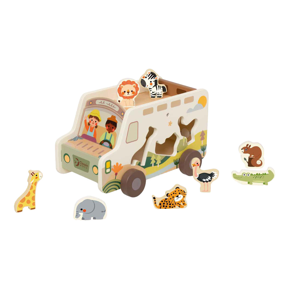 Trieur de formes de voiture de safari d'aventure en bois du monde classique, 9 pièces.