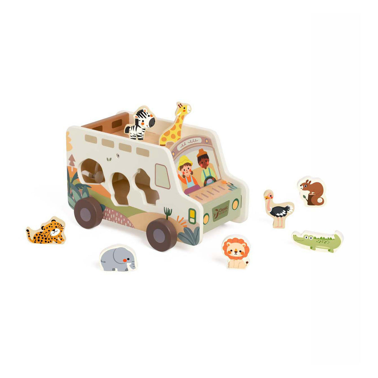 Trieur de formes de voiture de safari d'aventure en bois du monde classique, 9 pièces.