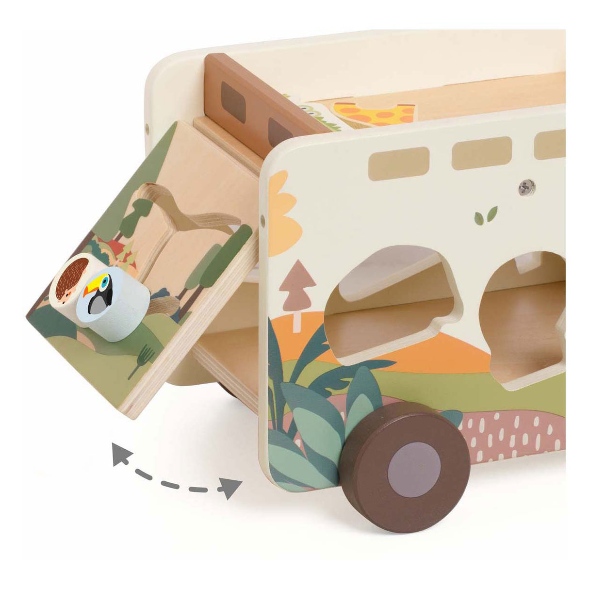 Trieur de formes de voiture de safari d'aventure en bois du monde classique, 9 pièces.