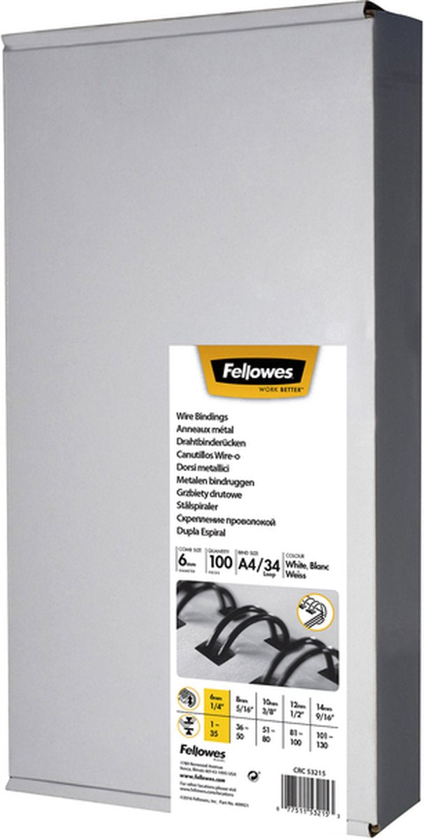Fellowes peignes métalliques 6 mm blancs, 100 pièces