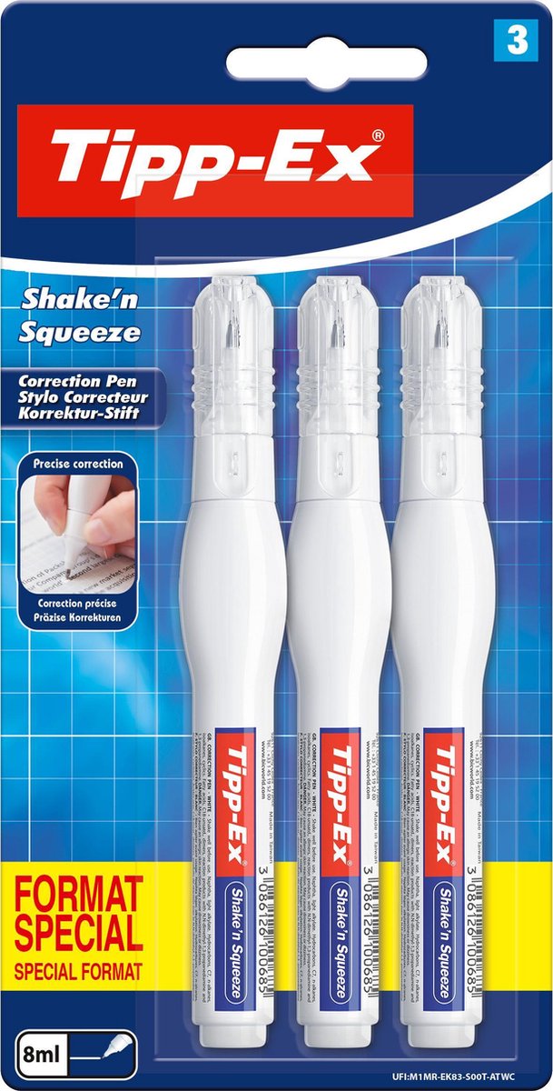 Stylo correcteur Tipp-ex shake n squeeze - 3 stylos correcteurs avec liquide - 8 ml