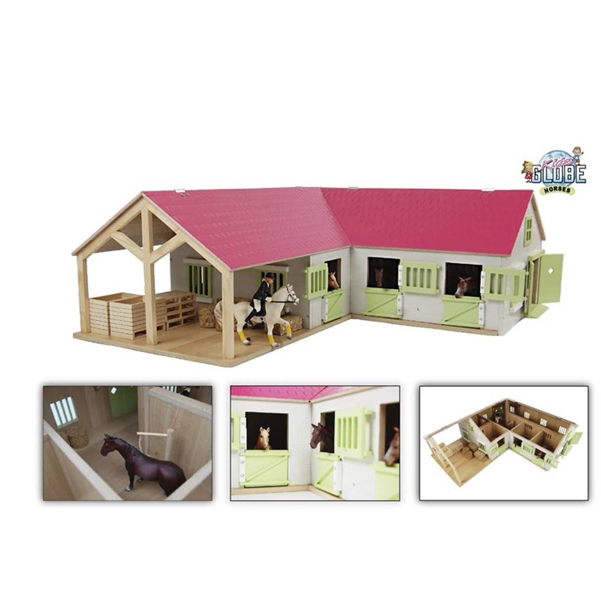 Écurie d'angle globe pour enfants avec 3 boxes et débarras 1:24 68x77x27cm rose (hors accessoires)
