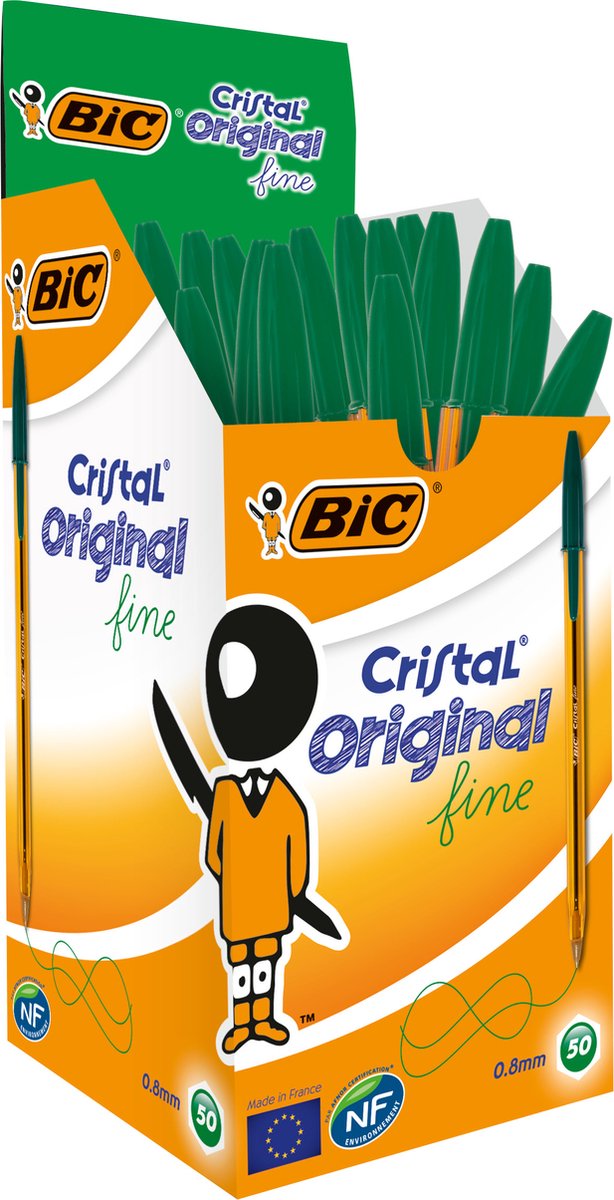Stylos à bille fins Bic cristal original - vert - boîte de 50 pièces - pointe fine 0,8 mm