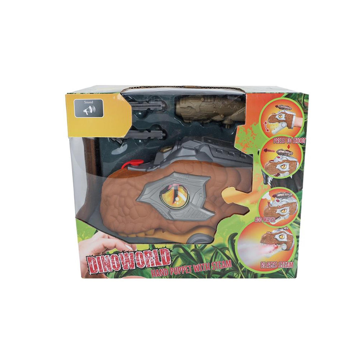 Marionnette dinosaure Dinoworld avec lumière et son à vapeur, 17 cm