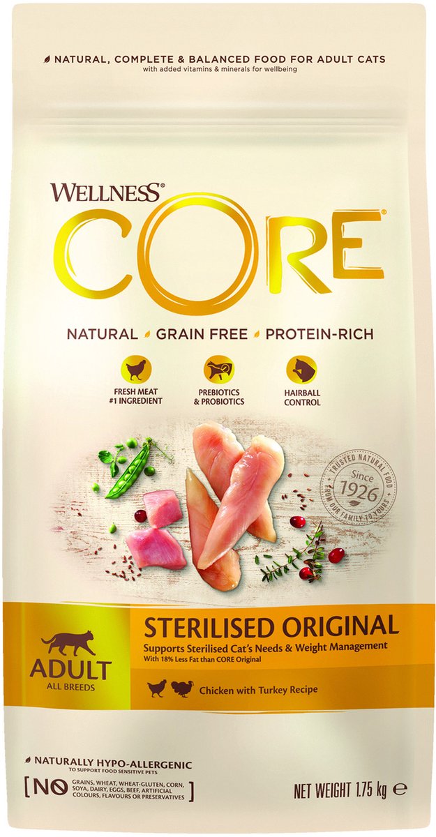 Wellness core grain free cat sterilised kip kalkoen - kattenvoer - 1.75 kg