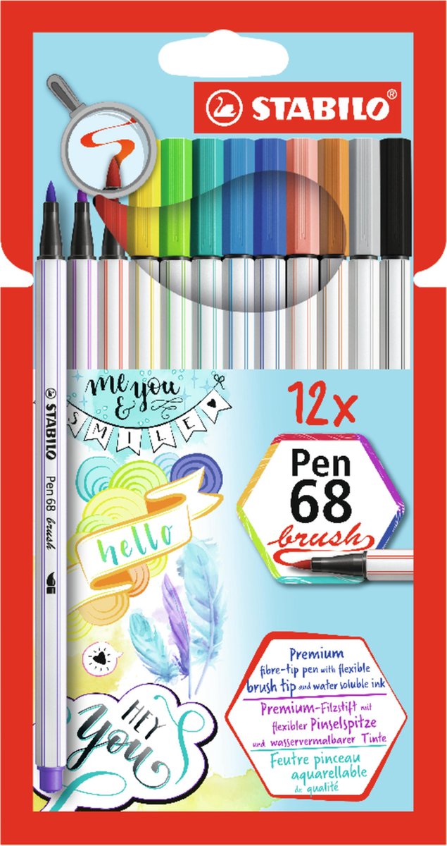 Stabilo pen 68 - feutre pinceau premium - avec pointe pinceau flexible - étui de 12 couleurs différentes