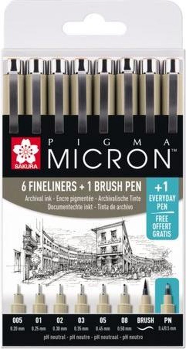 Crayons fins Sakura pigma micron - coffret promotionnel - 7 feutres fins noirs et 1 pigma micron PN