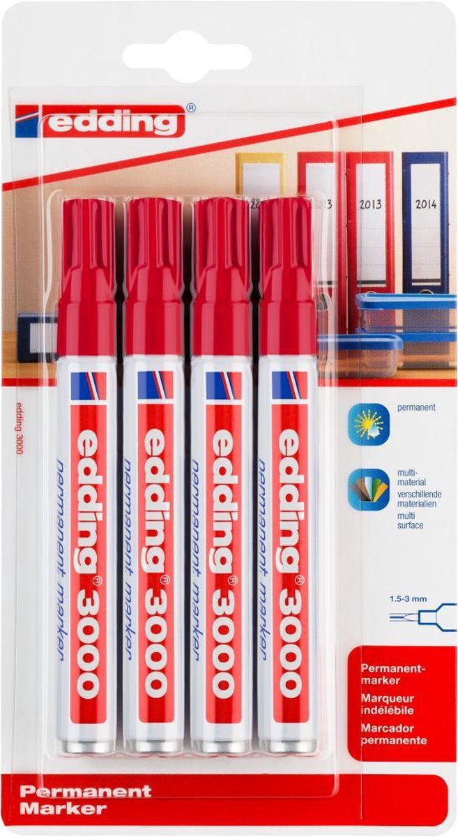 Marqueur permanent Edding 3000 - rouge - 4 marqueurs - pointe ronde 1,5-3 mm - résistant à l'eau et à l'abrasion - pour carton, plastique, bois, métal... - marqueurs à alcool pour adultes