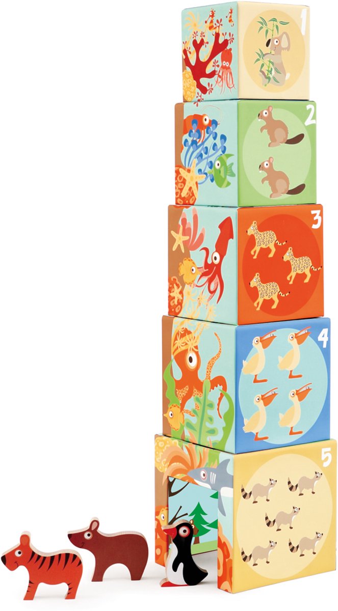 Tour d'empilage Scratch - animaux du monde - 5 pièces - carton robuste et durable - 1 an
