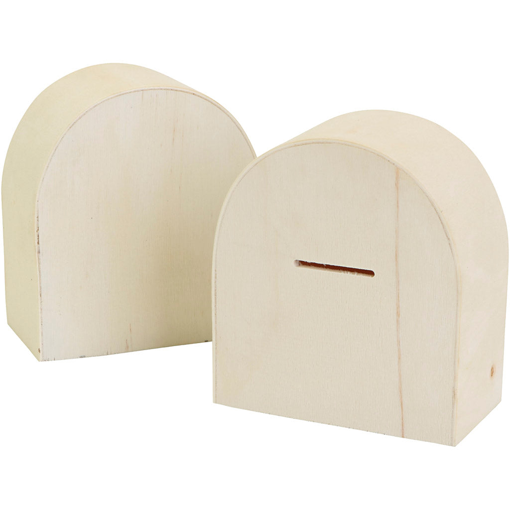 Tirelire en bois, dim. 10x9 cm, 12 pièces, 1 boîte