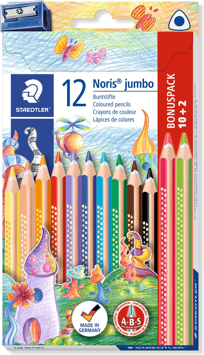 Staedtler crayons de couleur noris jumbo - set 12 (10+2) + taille-crayon