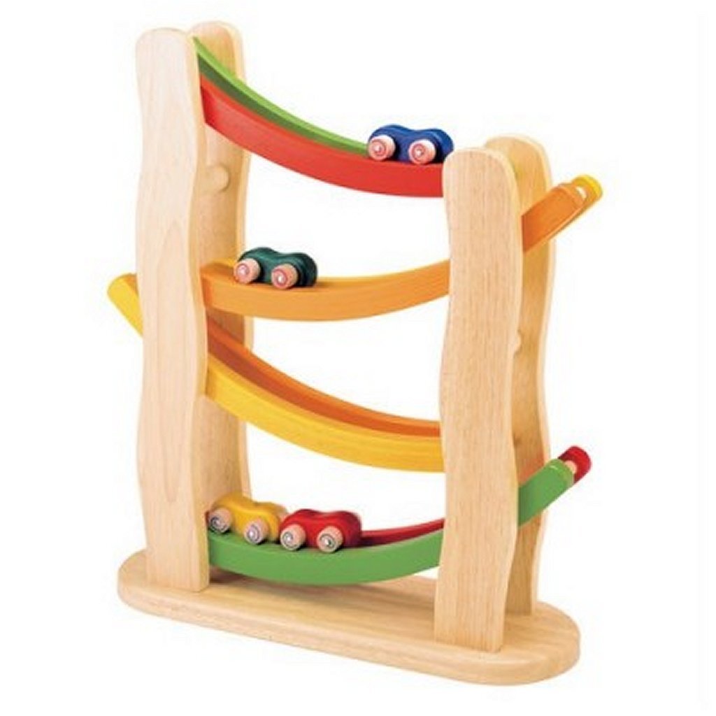 Piste de voiture rampe arc-en-ciel en bois Pintoy + 4 voitures #039;s