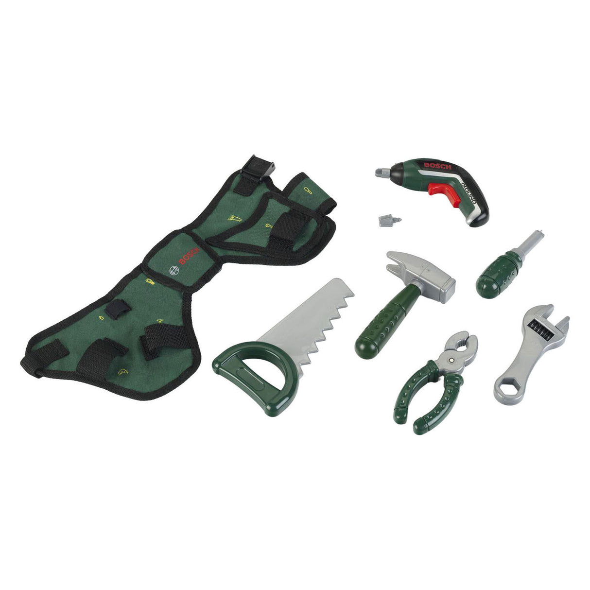 Klein Toys Bosch Mini Kit de ceinture à outils - Tournevis sans fil, marteau, pince, scie, clé, tournevis - incl. effets lumineux et sonores - vert rouge