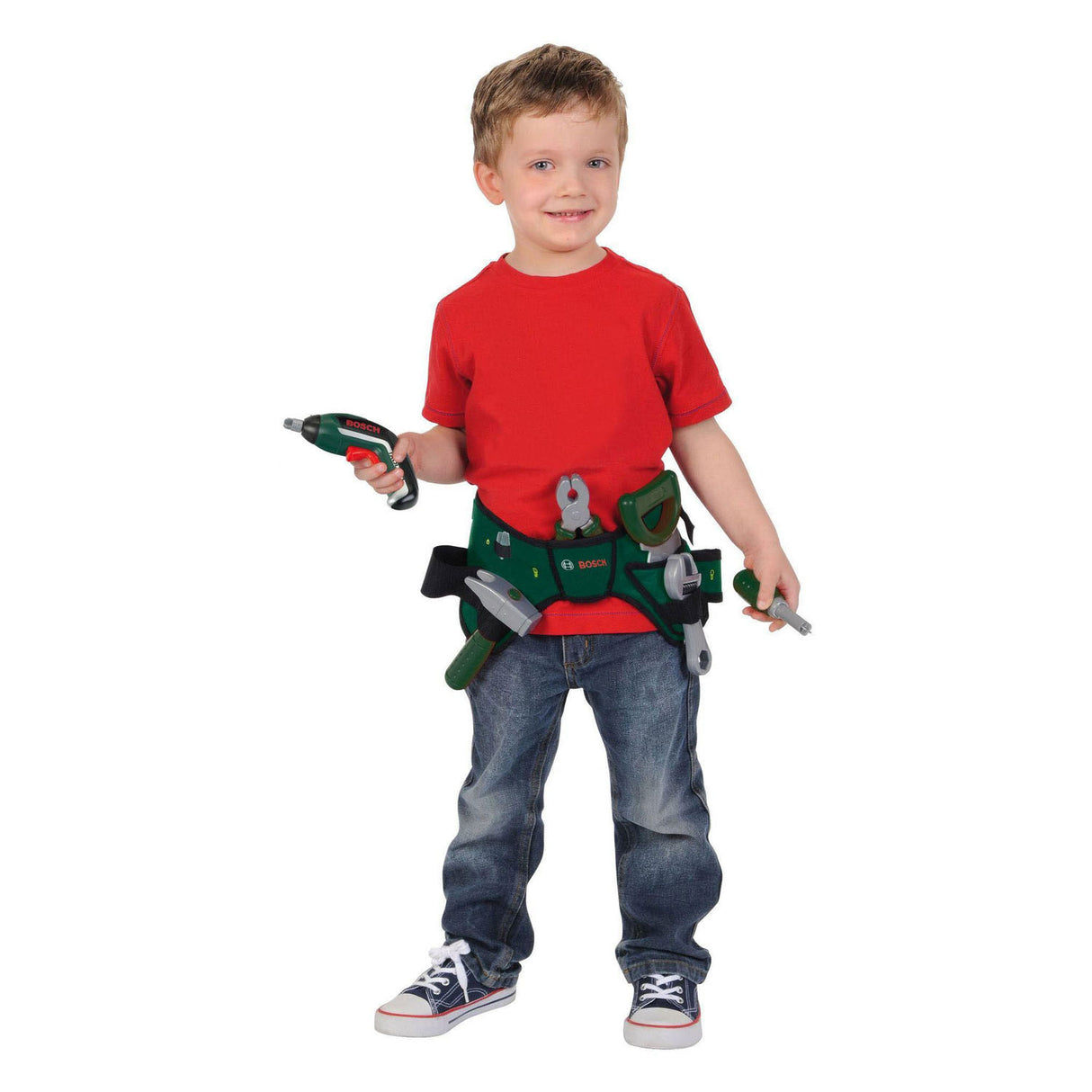 Klein Toys Bosch Mini Kit de ceinture à outils - Tournevis sans fil, marteau, pince, scie, clé, tournevis - incl. effets lumineux et sonores - vert rouge
