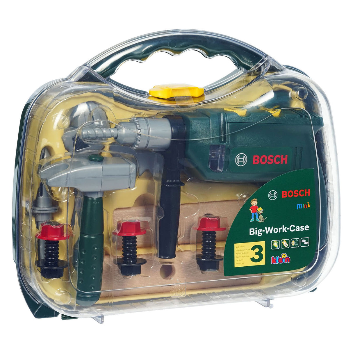 Klein Toys Bosch Mini boîte à outils jouet 16 pièces - perceuse, marteau, scie, clé à fourche et accessoires pour outils - incl. effets lumineux et sonores - vert