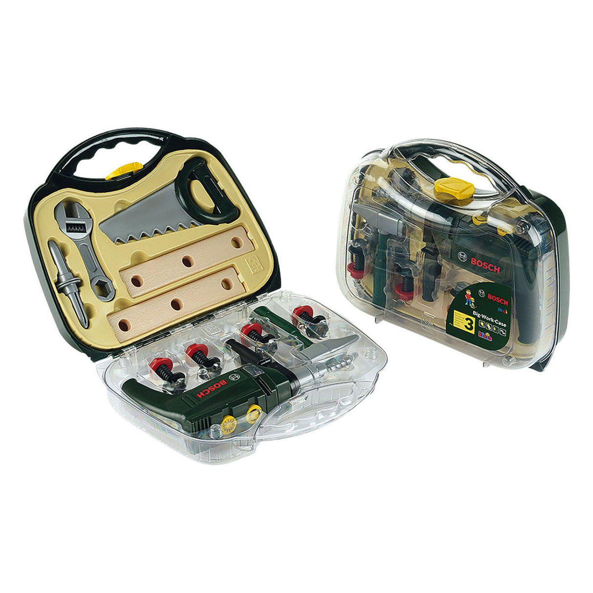 Klein Toys Bosch Mini boîte à outils jouet 16 pièces - perceuse, marteau, scie, clé à fourche et accessoires pour outils - incl. effets lumineux et sonores - vert