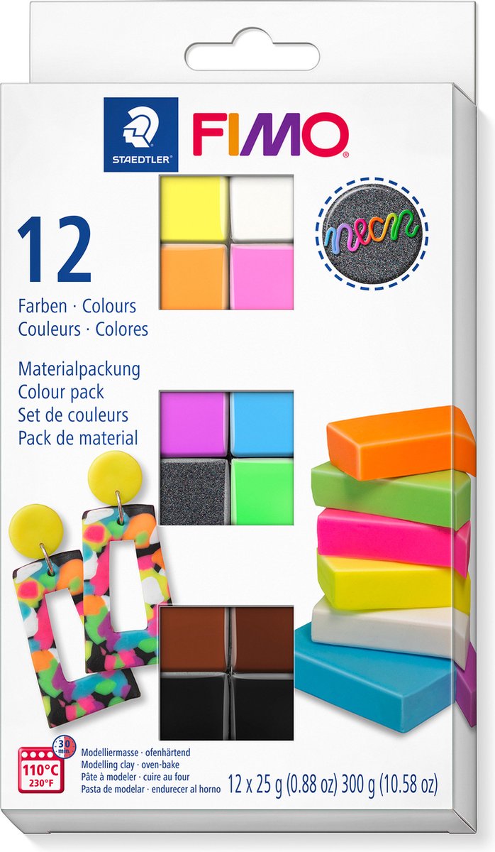 Effet Fimo - pâte à modeler durcissant au four - pack couleur 12 couleurs fluo