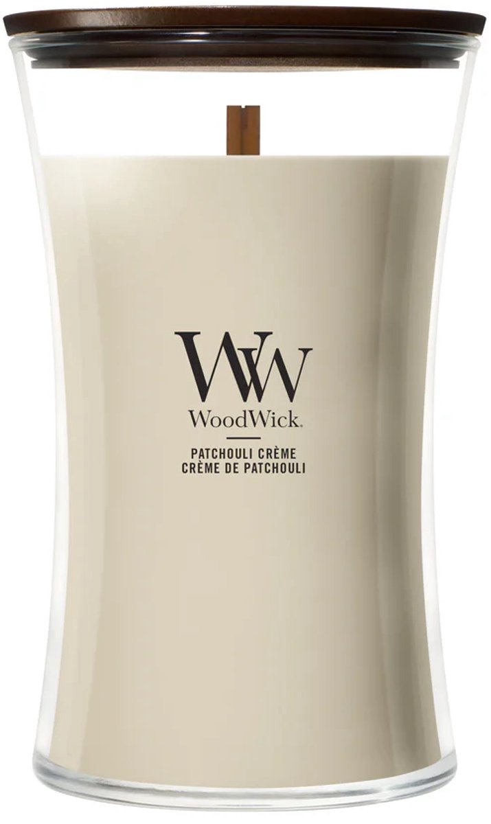 Grande bougie parfumée Woodwick hourglass - crème patchouli - 130 heures de combustion