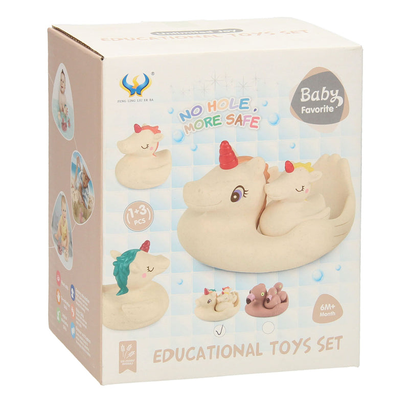 Ensemble de jouets de bain familial Lobbes licorne - plastique rose - 4 pièces - flottant.
