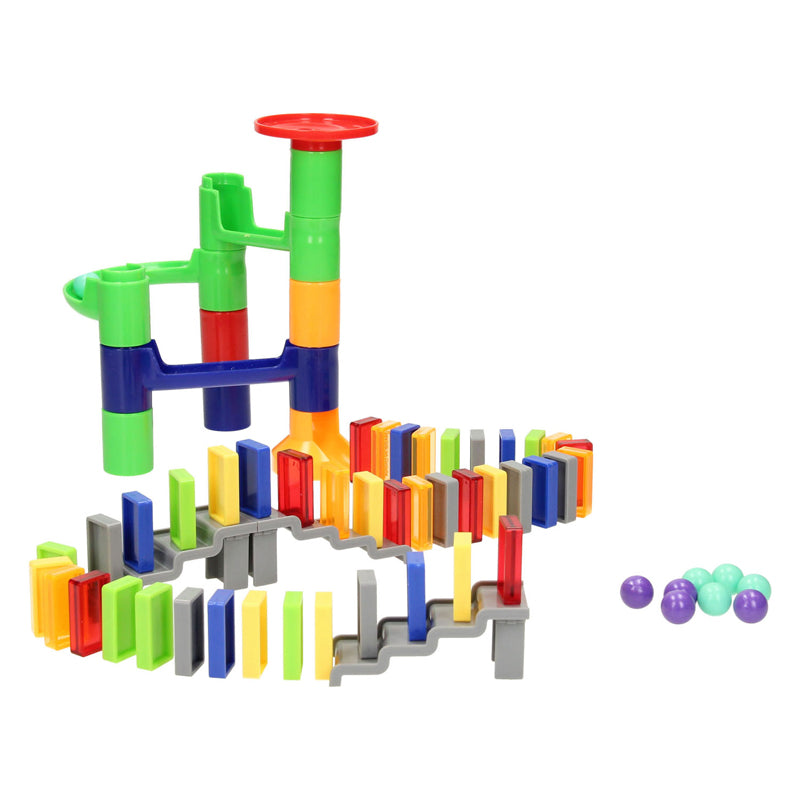 Piste de billes avec dominos, 66 pièces.