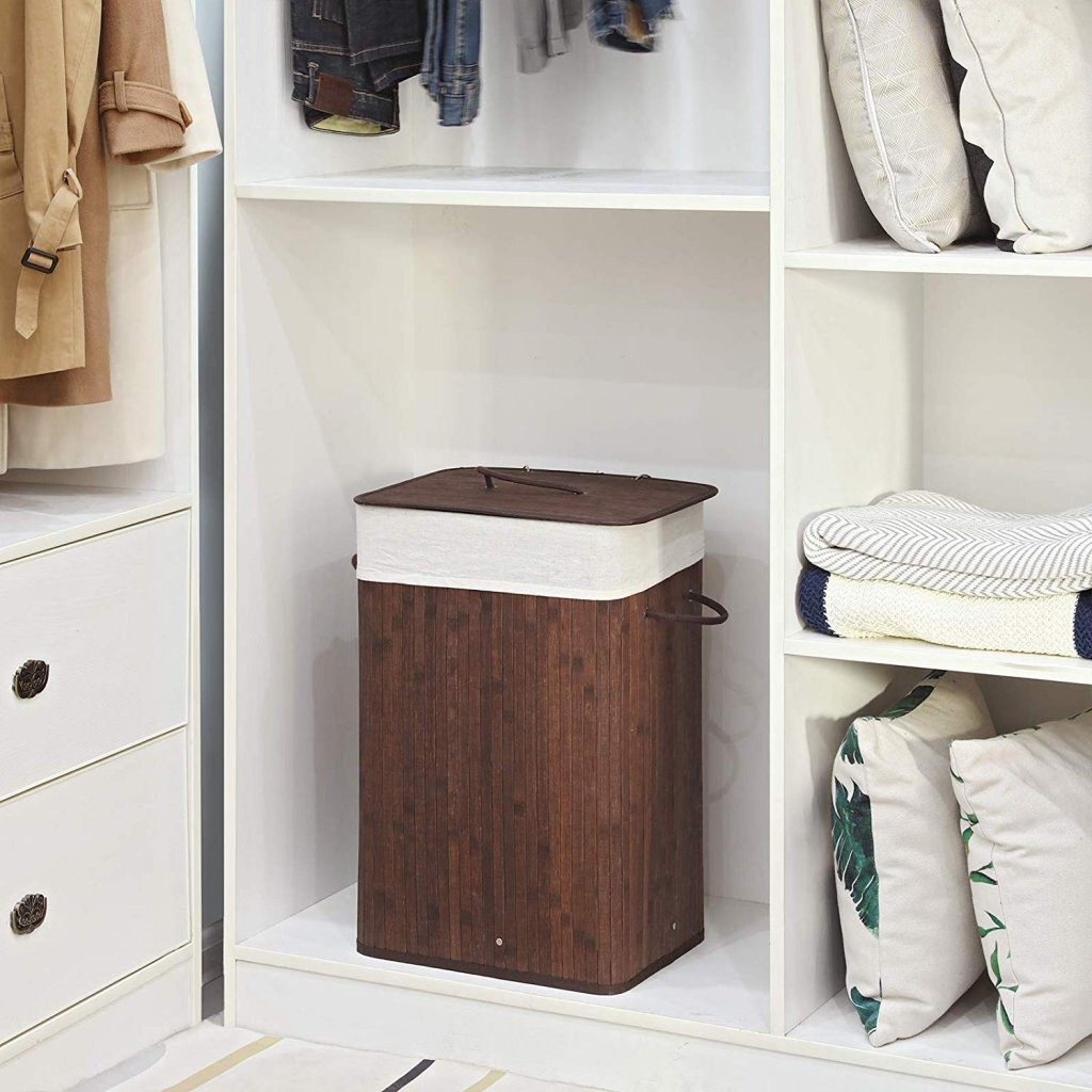 Homestyle pro panier à linge rectangulaire en bambou + texte 52x32x63 cm marron blanc