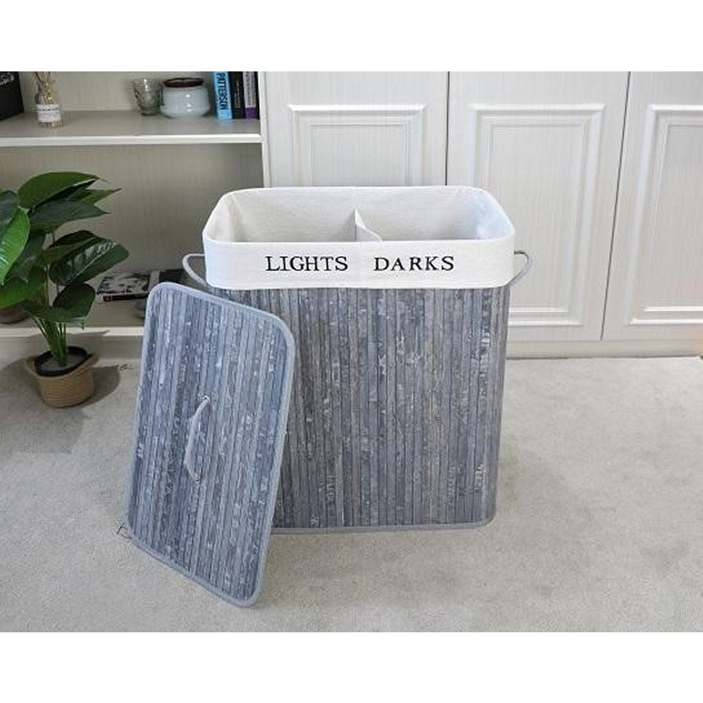 Homestyle pro panier à linge rectangulaire en bambou + texte 52x32x63 cm gris blanc