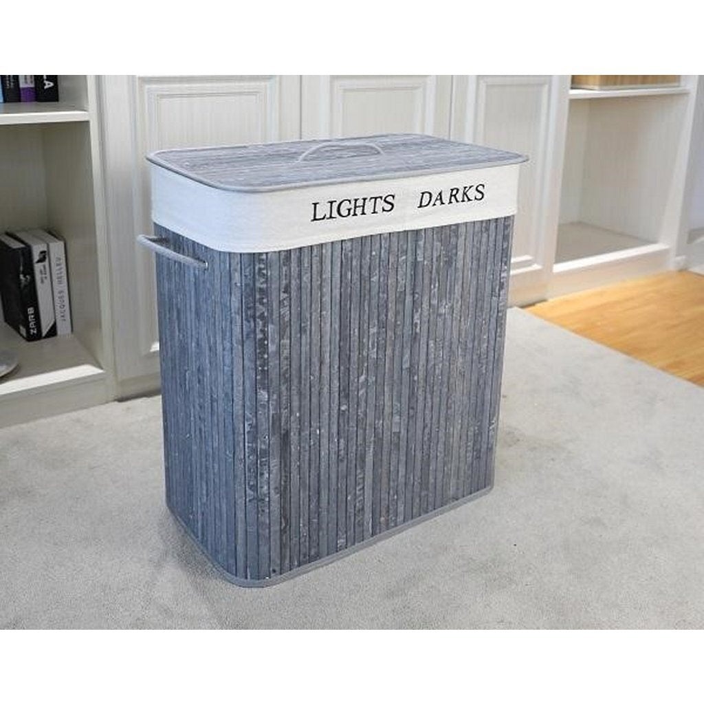 Homestyle pro panier à linge rectangulaire en bambou + texte 52x32x63 cm gris blanc