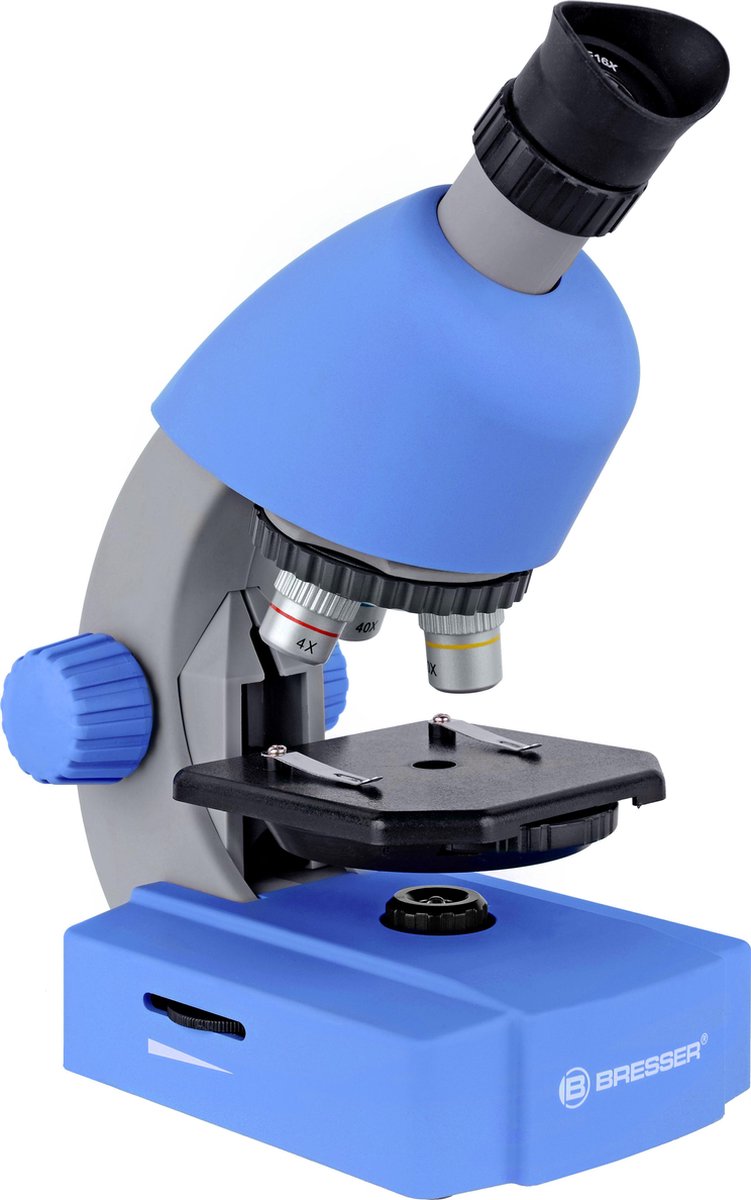 Microscope junior Bresser – 40x640x – bleu – incl. paquet d'accessoires – pour échantillons transparents
