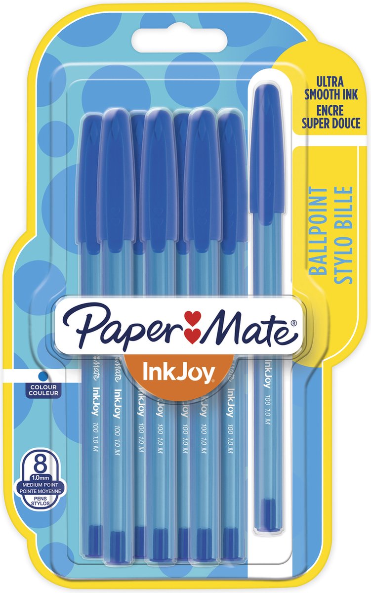 Stylos à bille Paper Mate Inkjoy 100 pièces | pointe moyenne (1,0 mm) | encre bleue | 8 pièces