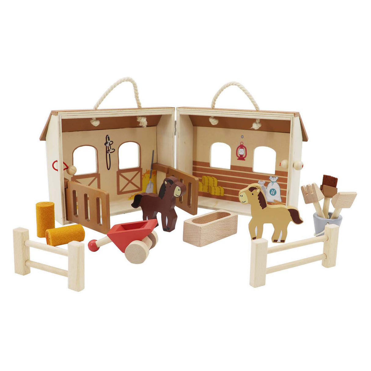 Ensemble de jeu portable pour écurie en bois, 13 pièces.