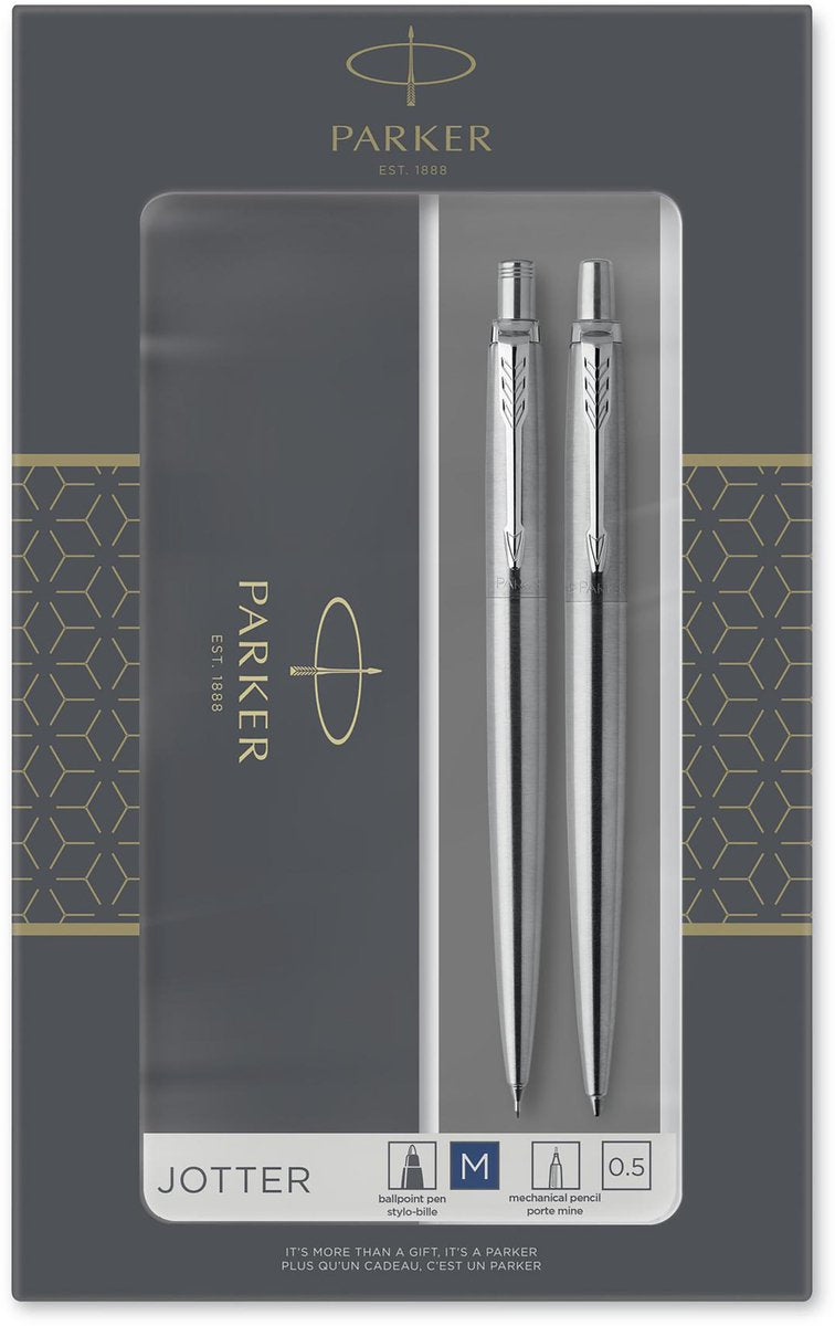 Coffret cadeau Parker Jotter Duo stylo à bille et porte-mine (0,5 mm) - encre bleue - acier inoxydable finition chromée