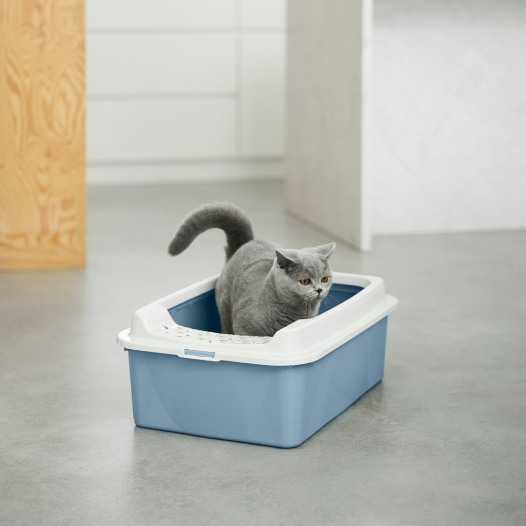 Bac à litière Rotho eco Bonnie avec entrée supérieure en sable bleu