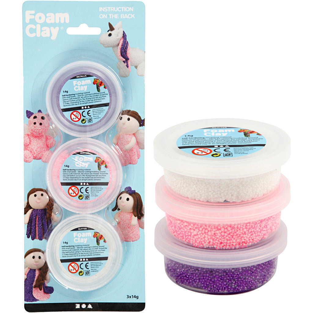 Foam Clay ®, pailletée, métallisée, rose, violet, blanc, 3x14 gr 1 boîte