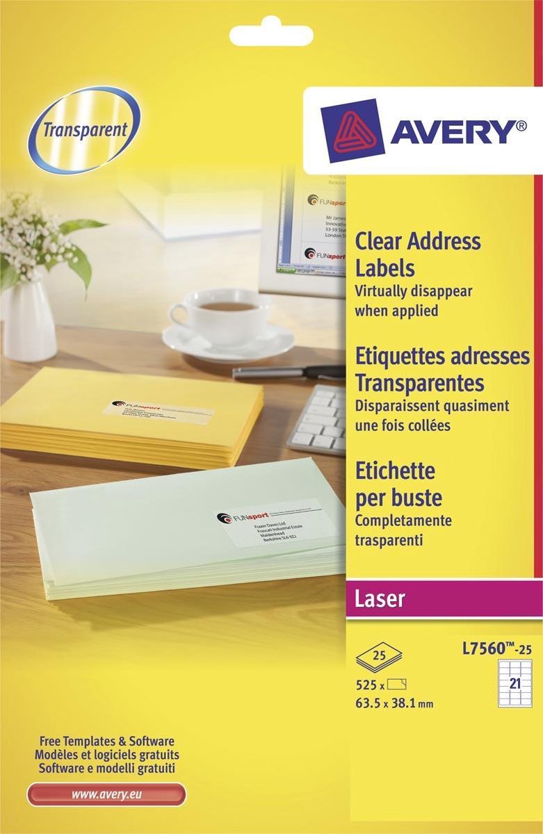 Étiquettes transparentes Avery format quickpeel 635 x 381 mm (l x h) 525 pièces 21 par feuille